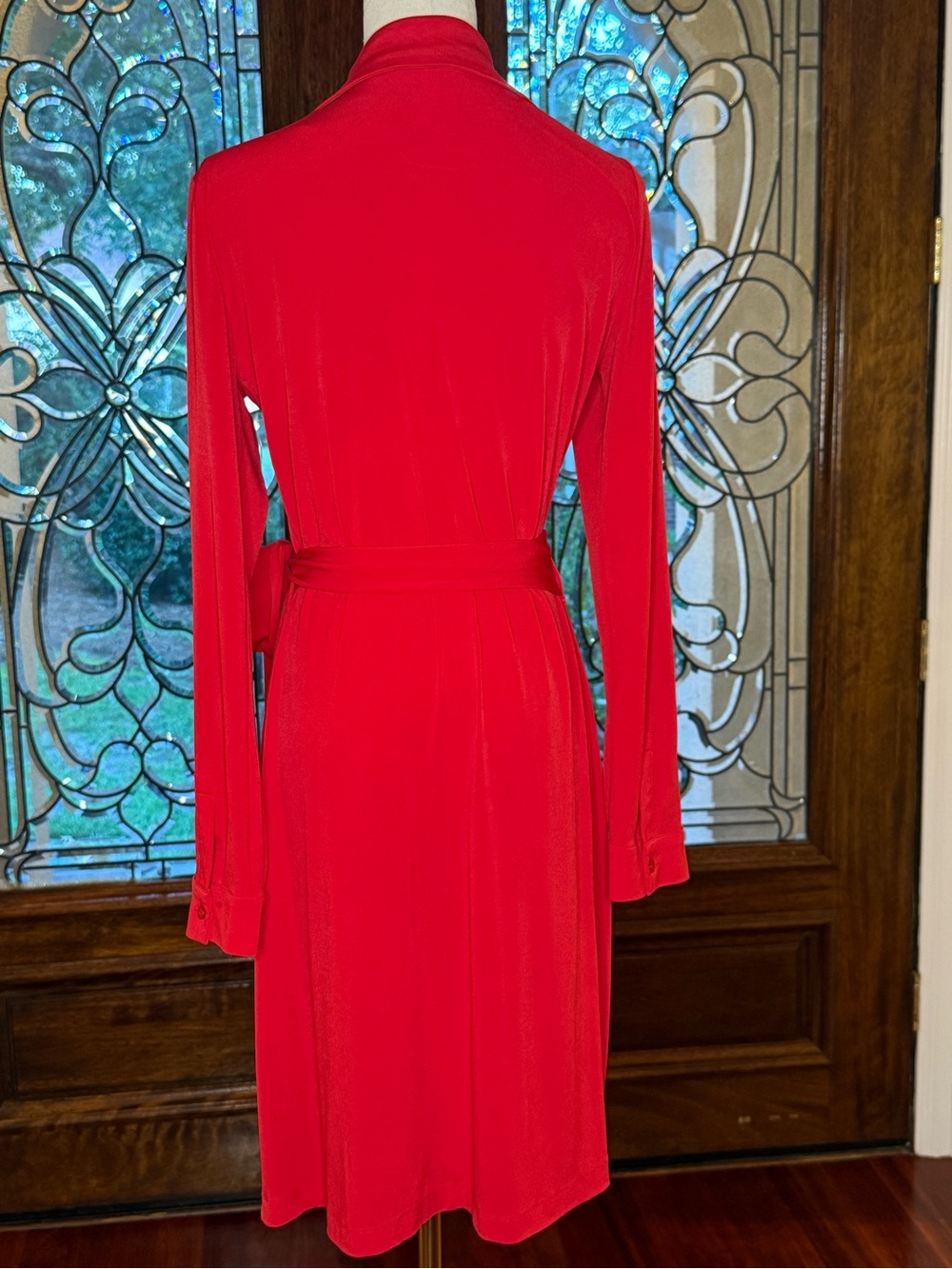 Calvin Klein Red Faux Wrap Tie Waist Long Sleeve Dress Sz 10 - Picture 3 of 6